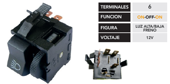 INTERRUPTOR DE LUZ CUADRADO CON RODILLO 12V 6PINES (LUZ ALT/BAJFRENO TABLERO CON REOSTATO) VOLKSWAGEN/ GOL/ VOYAGE/ PARETI