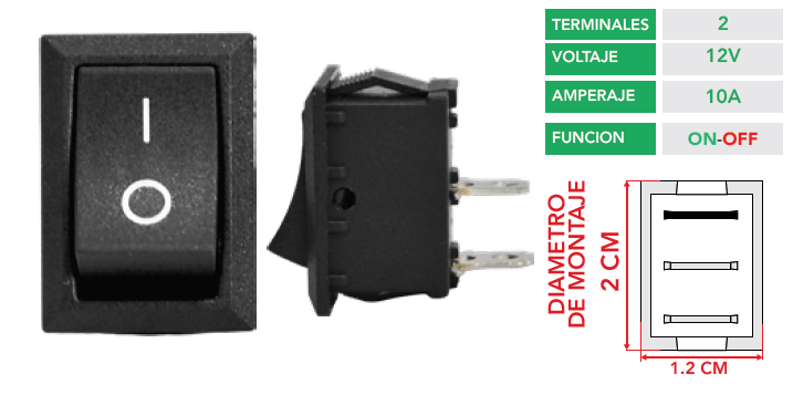 SWITCH CUADRADO CHICO 12V 10A COLOR NEGRO 2 TERMINALES
