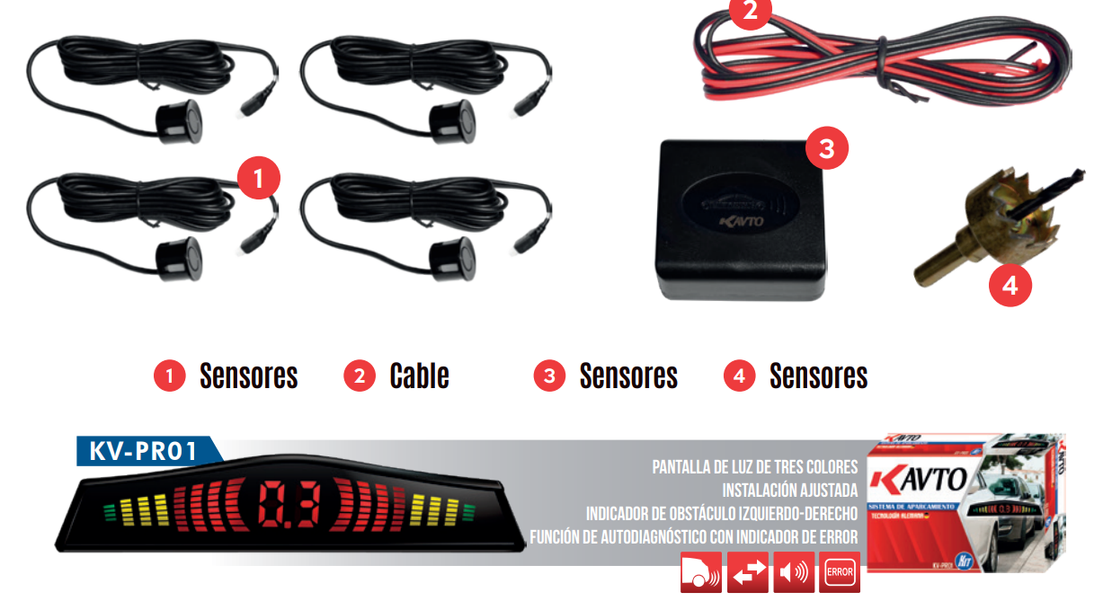 PANTALLA DE LUZ TRES COLORES / INDICADOR DE OBSTACULO IZQUIERO DERECHO/ FUNCION DE INDICADOR DE ERROR/SENSOR DE PROXIMIDAD